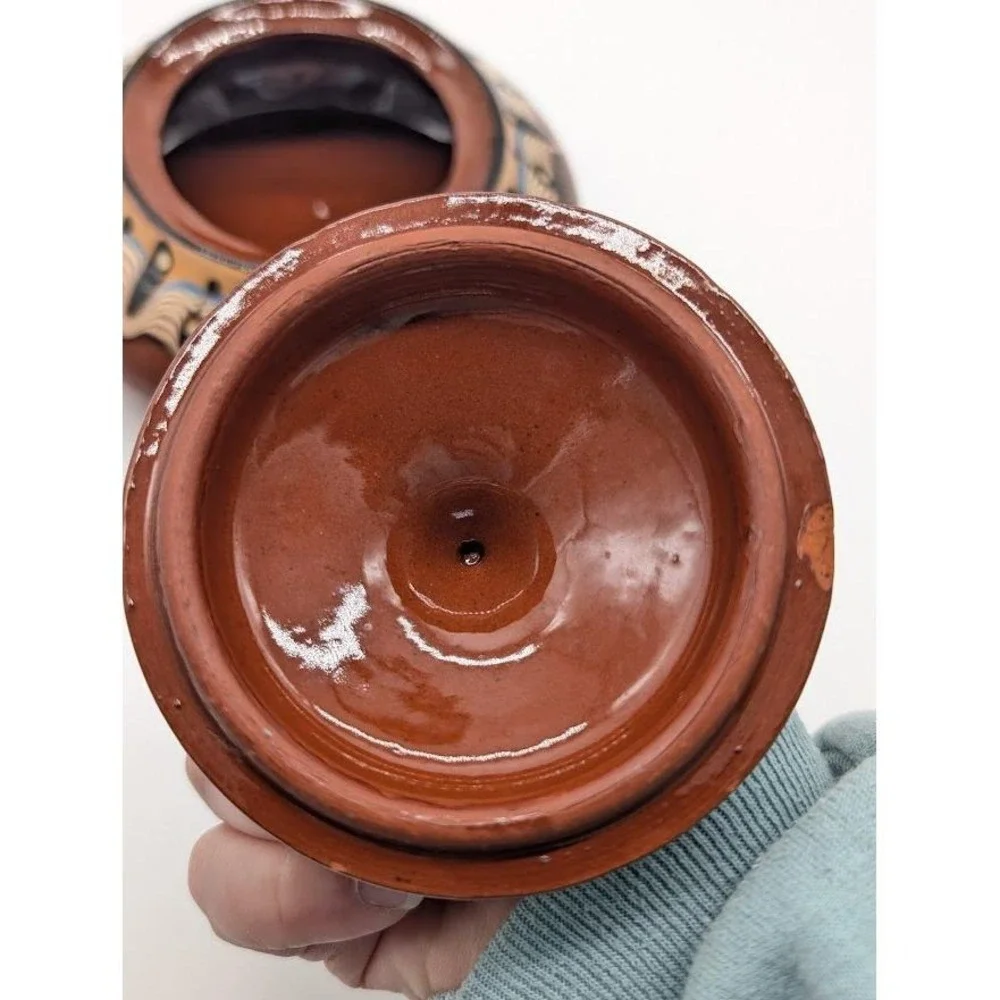 Vintage Bulgarian Troyan Pottery Lid‎ Candy Dish 90s Redware Folk Art Drip Glaze